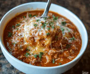 Creamy and hearty Crockpot Gluten-Free Lasagna Soup served in a bowl with fresh herbs and cheese, perfect for a cozy meal