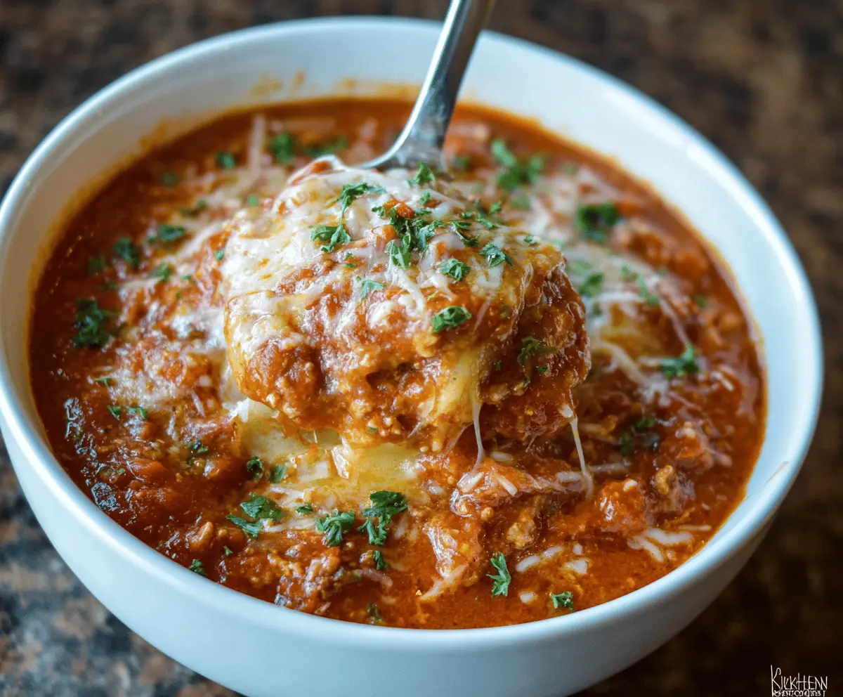 Creamy and hearty Crockpot Gluten-Free Lasagna Soup served in a bowl with fresh herbs and cheese, perfect for a cozy meal