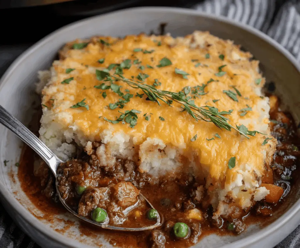 Delicious homemade Crockpot Shepherd’s Pie topped with golden mashed potatoes and savory ground meat, served in a rustic ceramic dish
