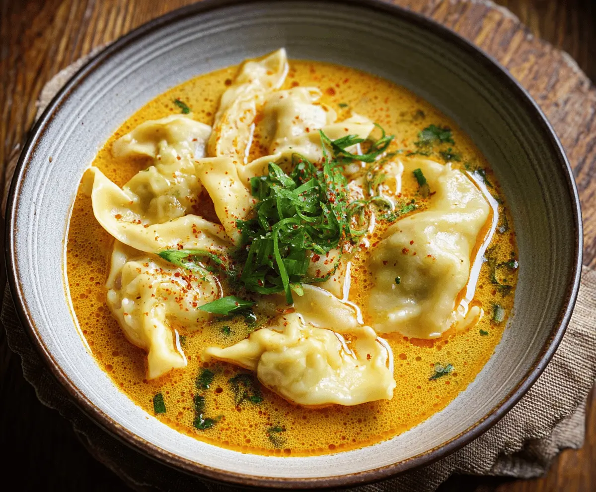 Delicious bowl of Curry Dumpling Soup with steaming broth, tender dumplings, and fresh herbs garnished on top