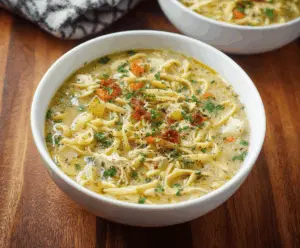 A steaming bowl of dairy-free chicken noodle soup featuring shredded chicken, tender noodles, fresh vegetables, and herbs in a clear broth