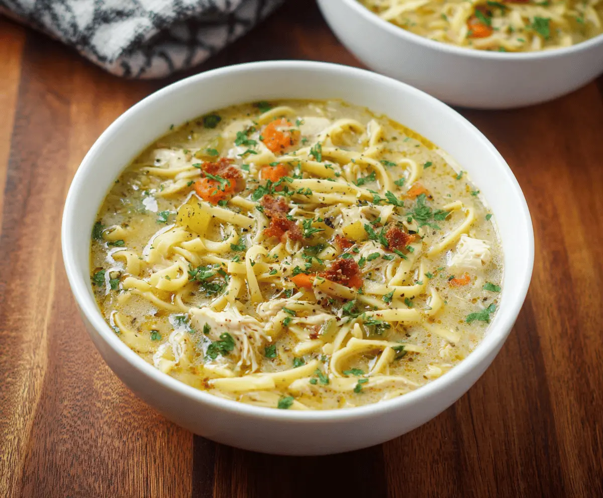 A steaming bowl of dairy-free chicken noodle soup featuring shredded chicken, tender noodles, fresh vegetables, and herbs in a clear broth