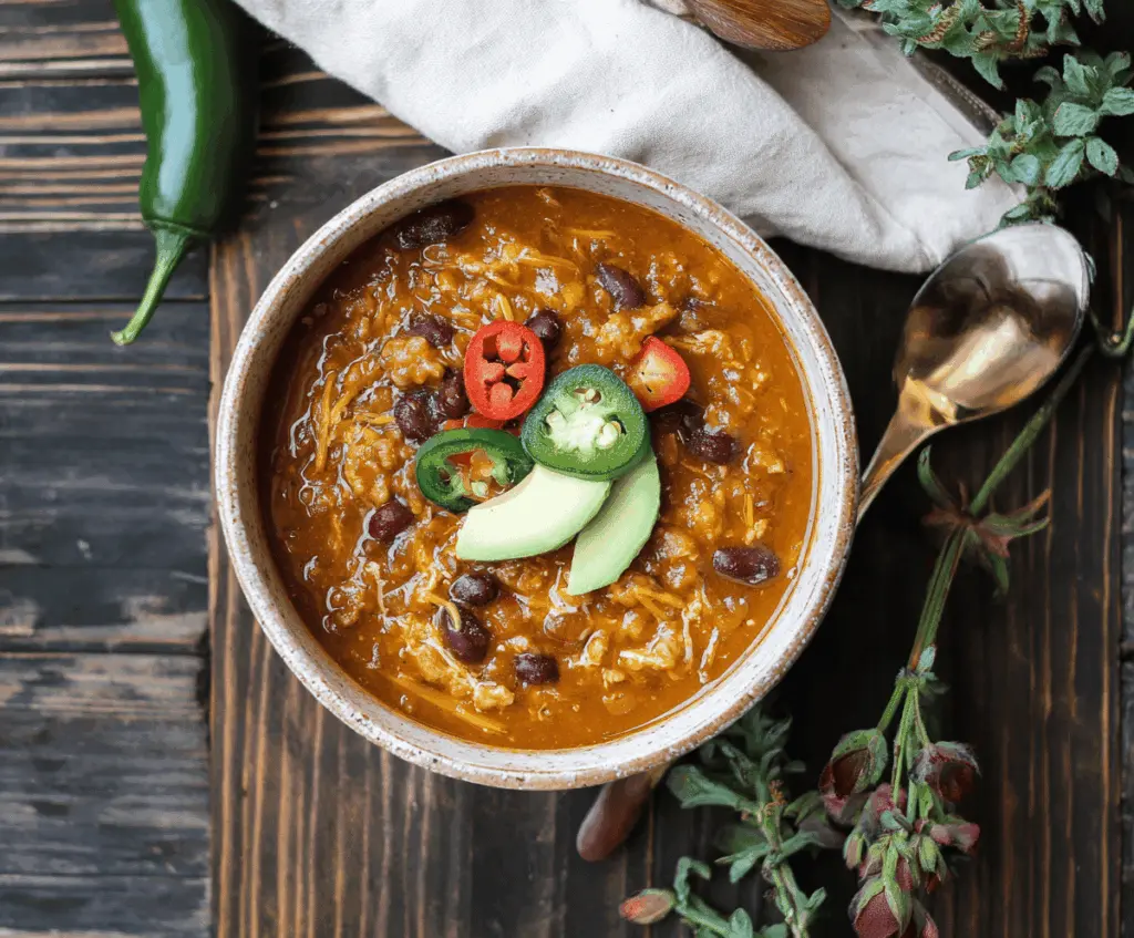 Vibrant bowl of dairy-free chili with beans, tomatoes, and vegetables topped with fresh herbs, perfect for a hearty vegan meal