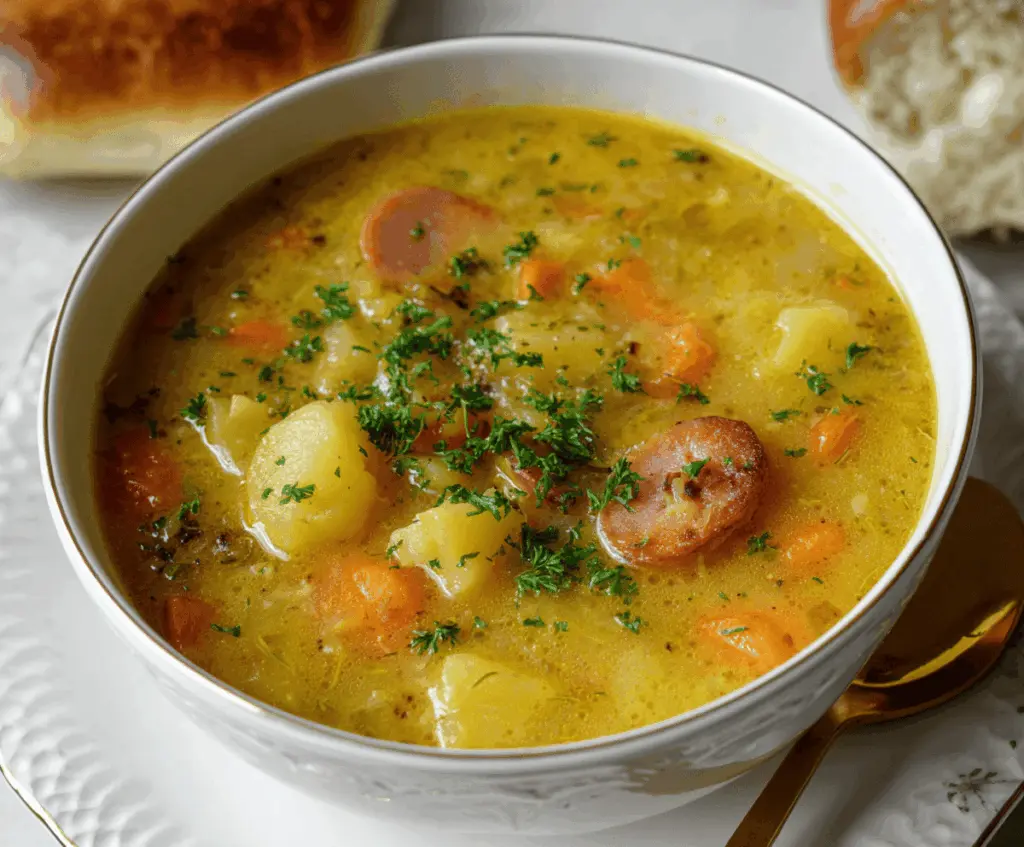 Creamy German Potato Soup in a bowl garnished with fresh herbs and served with crusty bread on a rustic wooden table
