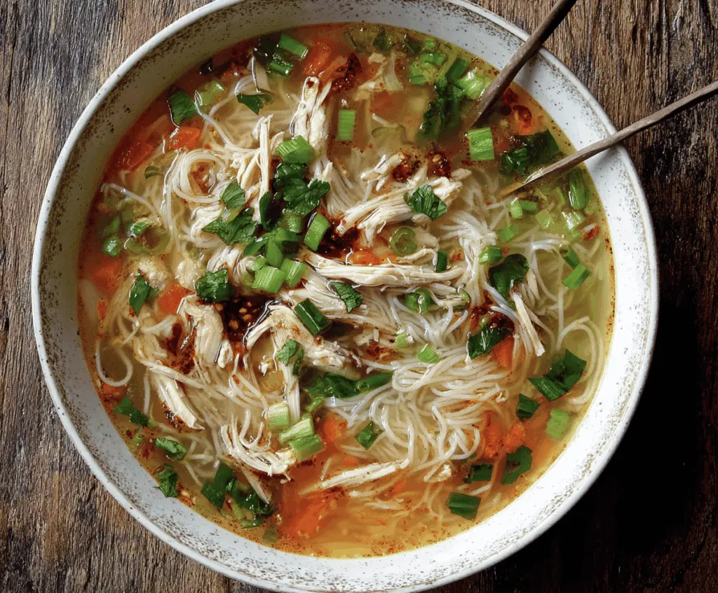 Hearty Ginger Garlic Chicken Noodle Soup with fresh herbs and vegetables in a bowl