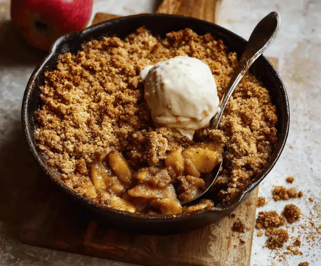 Delicious gluten-free apple crisp topped with golden brown oats and cinnamon, served in a rustic dish perfect for a cozy dessert.