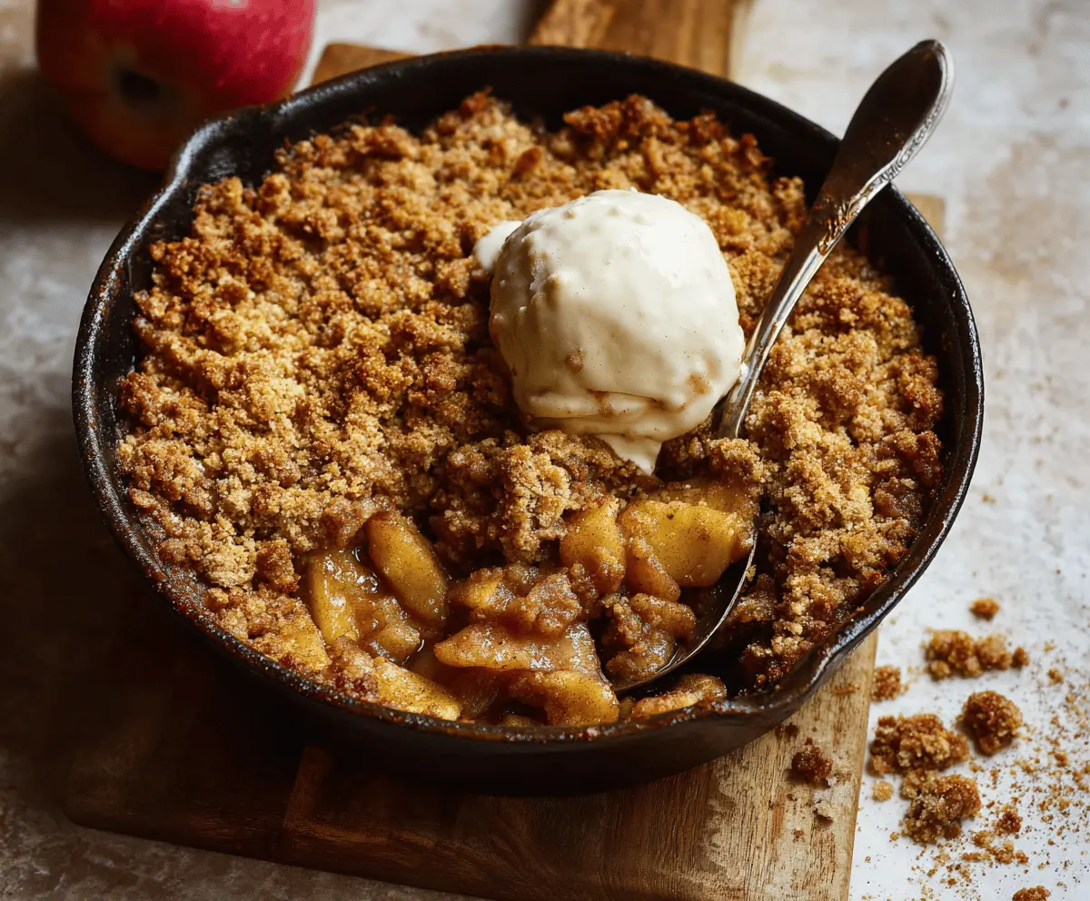 Delicious gluten-free apple crisp topped with golden brown oats and cinnamon, served in a rustic dish perfect for a cozy dessert.