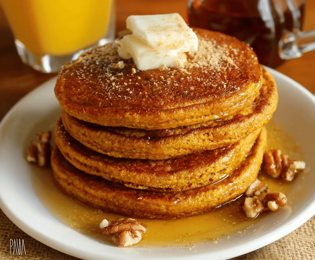 Delicious gluten-free pumpkin pancakes topped with maple syrup and fresh berries on a white plate, perfect for a cozy breakfast