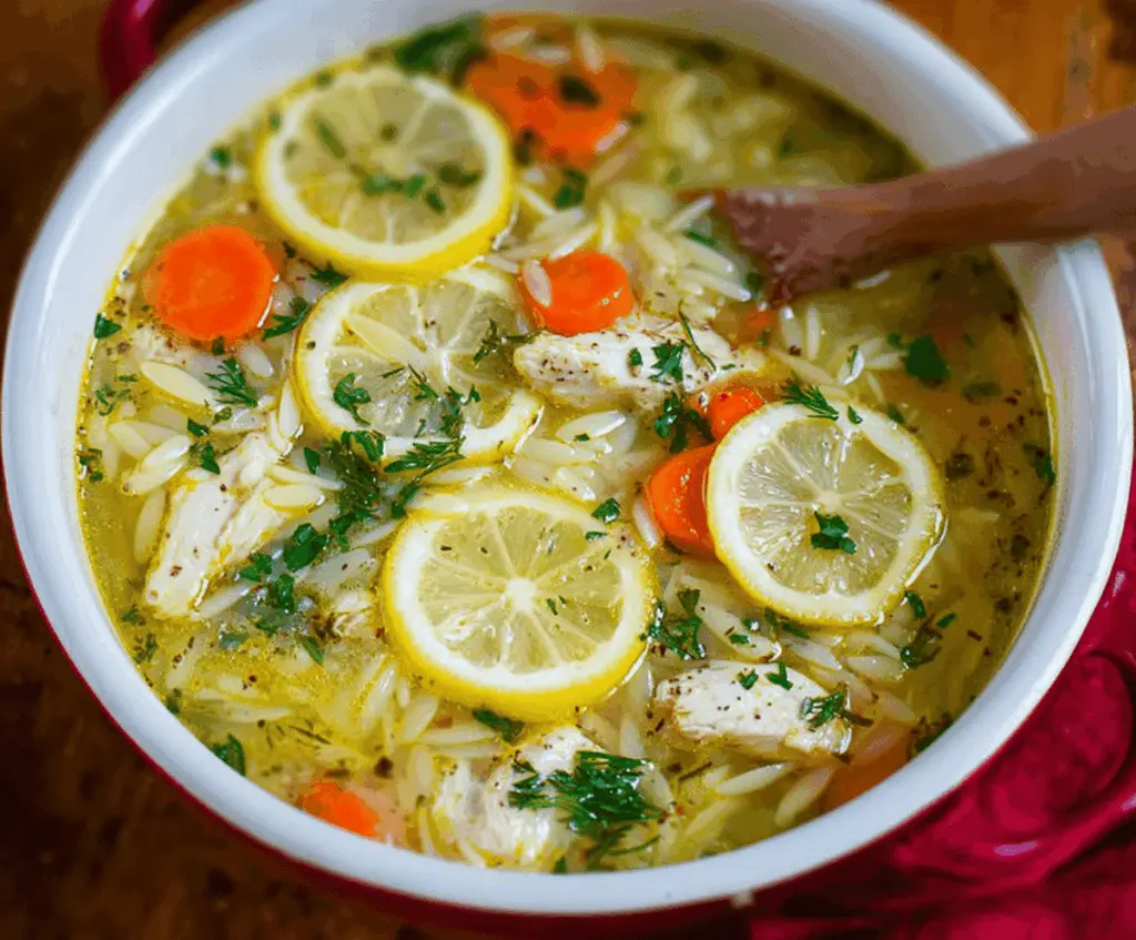 A bowl of Greek Lemon Orzo Chicken Soup garnished with fresh herbs and lemon wedges, featuring tender chicken, orzo pasta, and vibrant vegetables in a flavorful broth.
