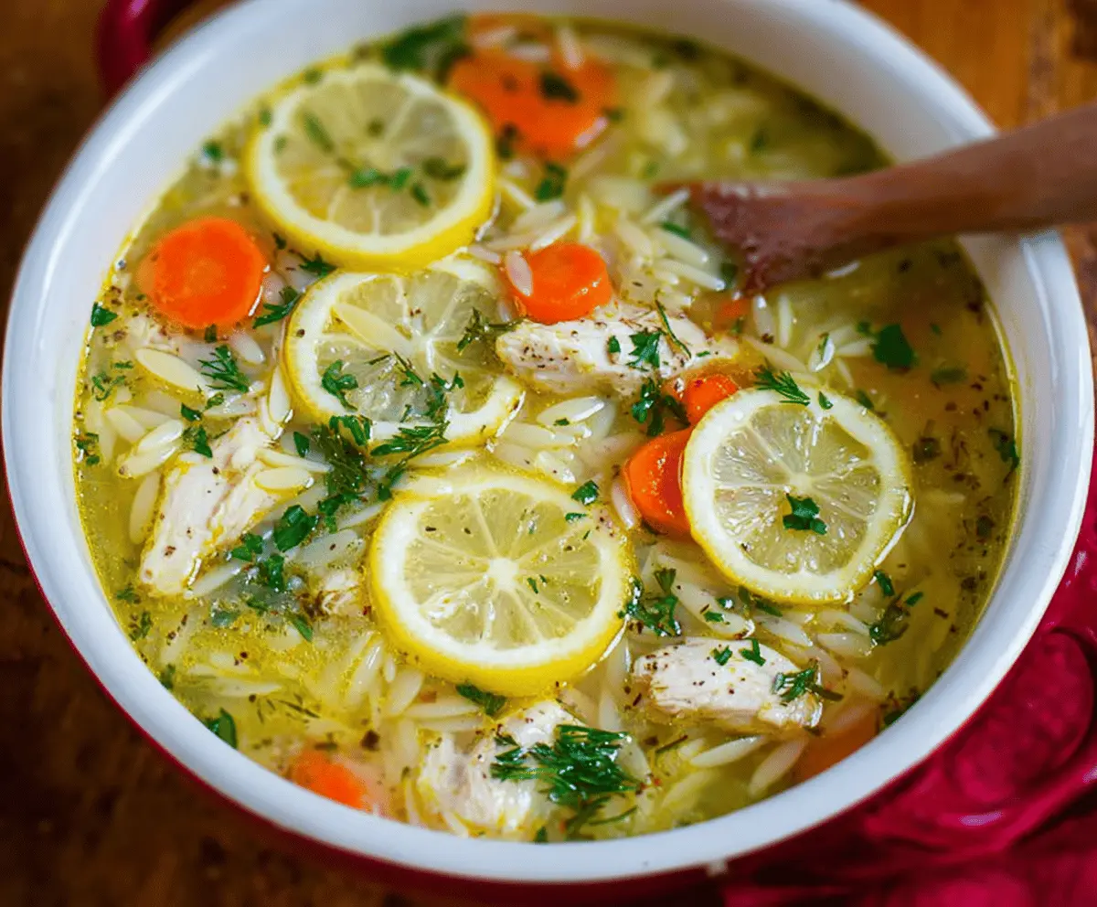A bowl of Greek Lemon Orzo Chicken Soup garnished with fresh herbs and lemon wedges, featuring tender chicken, orzo pasta, and vibrant vegetables in a flavorful broth.