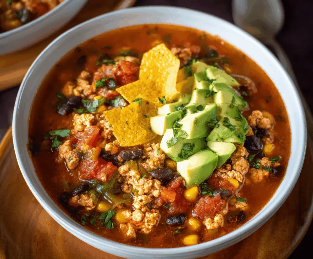 Hearty ground turkey taco soup in a bowl topped with fresh cilantro and shredded cheese, served with tortilla chips on the side.