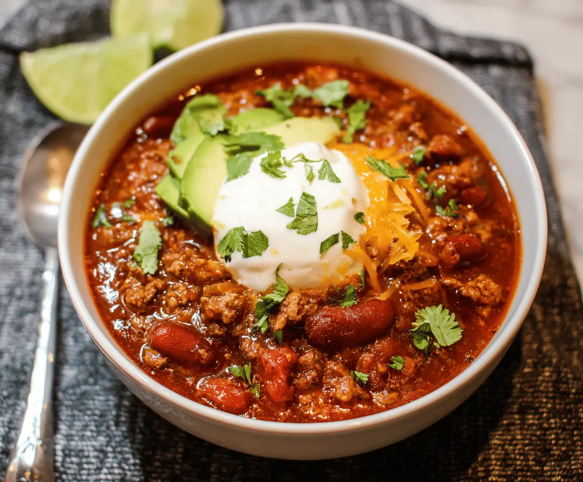 Hearty homemade Instant Pot chili with beans, ground beef, tomatoes, and spices in a white bowl, perfect for a comforting meal