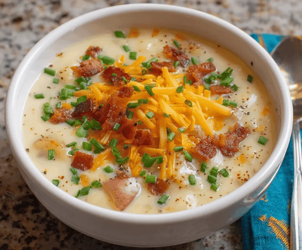 Creamy and comforting Instant Pot Potato Soup in a bowl, topped with chopped herbs and shredded cheese, ready to serve