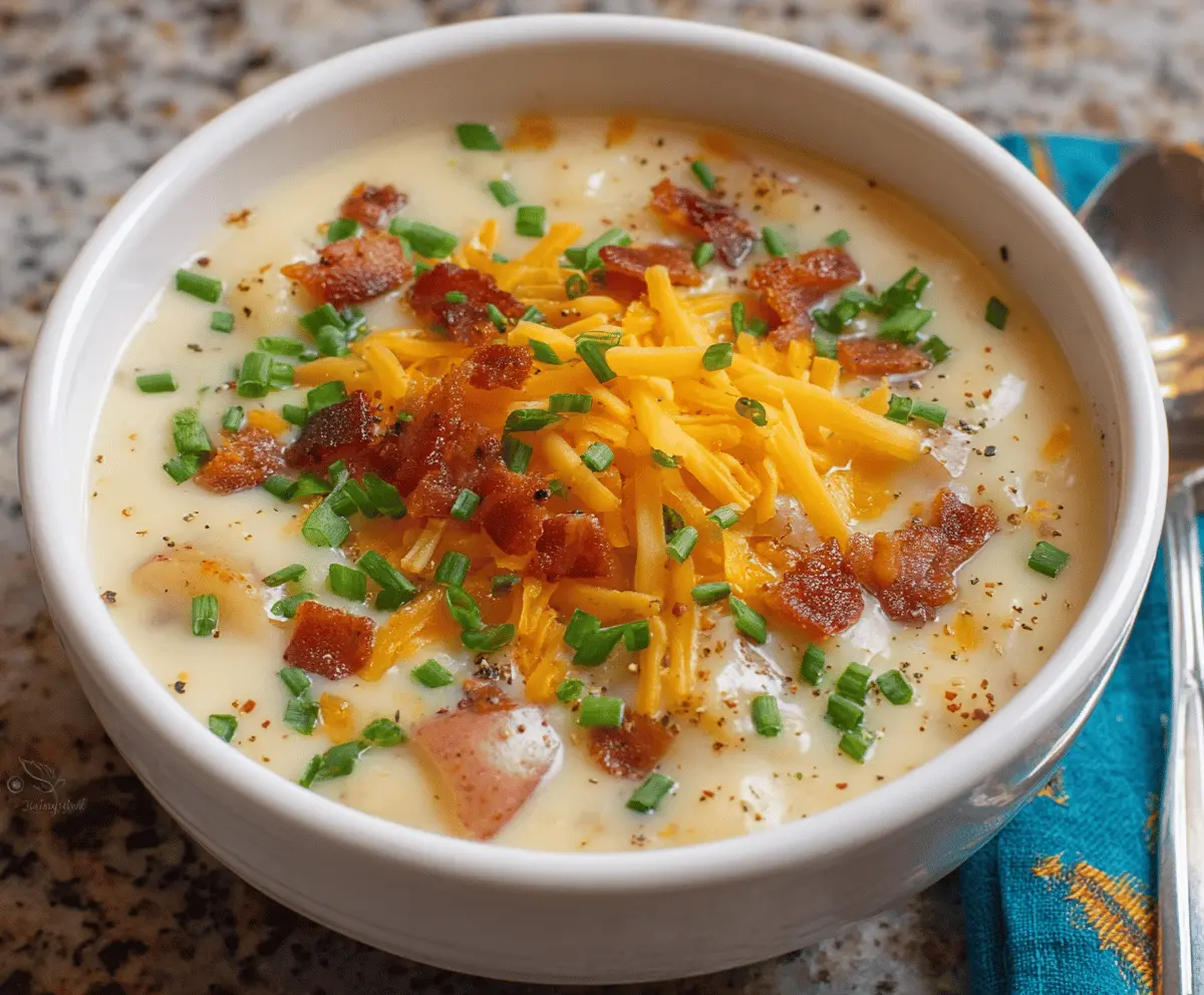 Creamy and comforting Instant Pot Potato Soup in a bowl, topped with chopped herbs and shredded cheese, ready to serve
