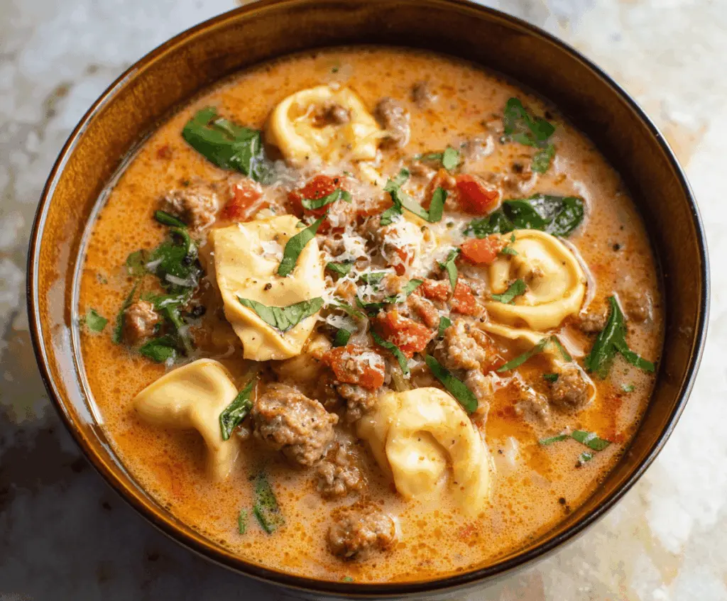 Creamy Italian Sausage Tortellini Soup with vegetables and herbs in a bowl, perfect for a comforting meal