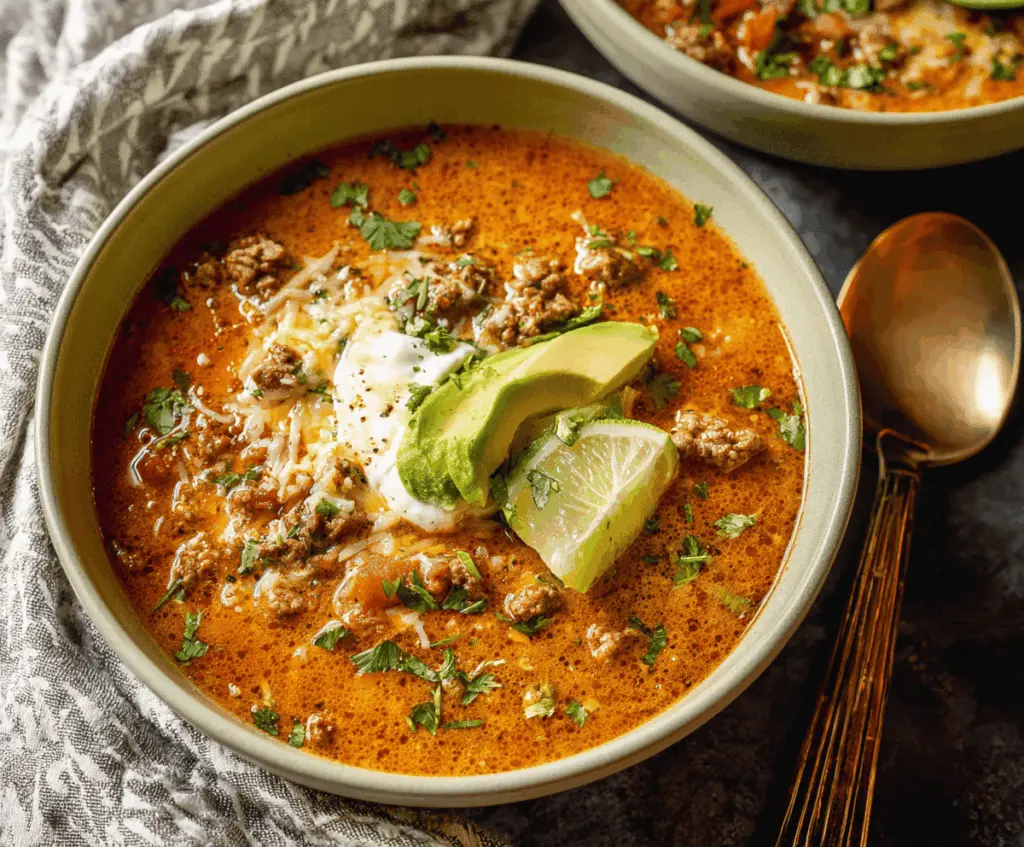 Delicious bowl of Keto Taco Soup with ground meat, tomatoes, cheese, and fresh cilantro garnished, perfect for low-carb comfort food.