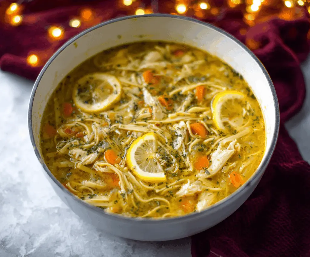 A bowl of Lemon Pepper Chicken Noodle Soup garnished with fresh herbs, featuring tender chicken, bright lemon slices, and colorful vegetables in a savory broth.