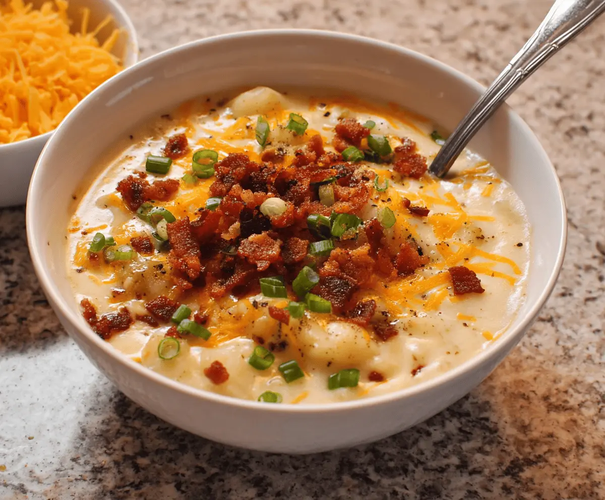 Creamy loaded potato soup topped with shredded cheese, crispy bacon, chopped green onions, and a dollop of sour cream in a rustic bowl