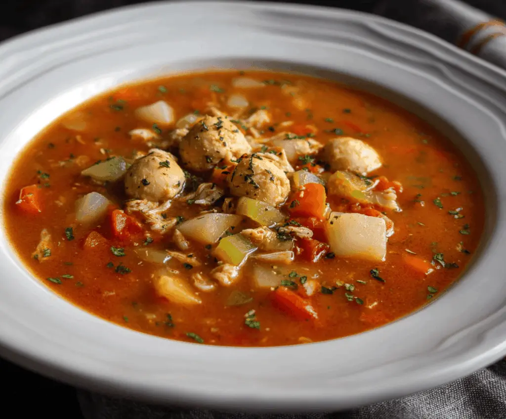 A bowl of Manhattan Clam Chowder topped with fresh herbs, featuring a vibrant red tomato-based broth filled with clams, vegetables, and seasonings.