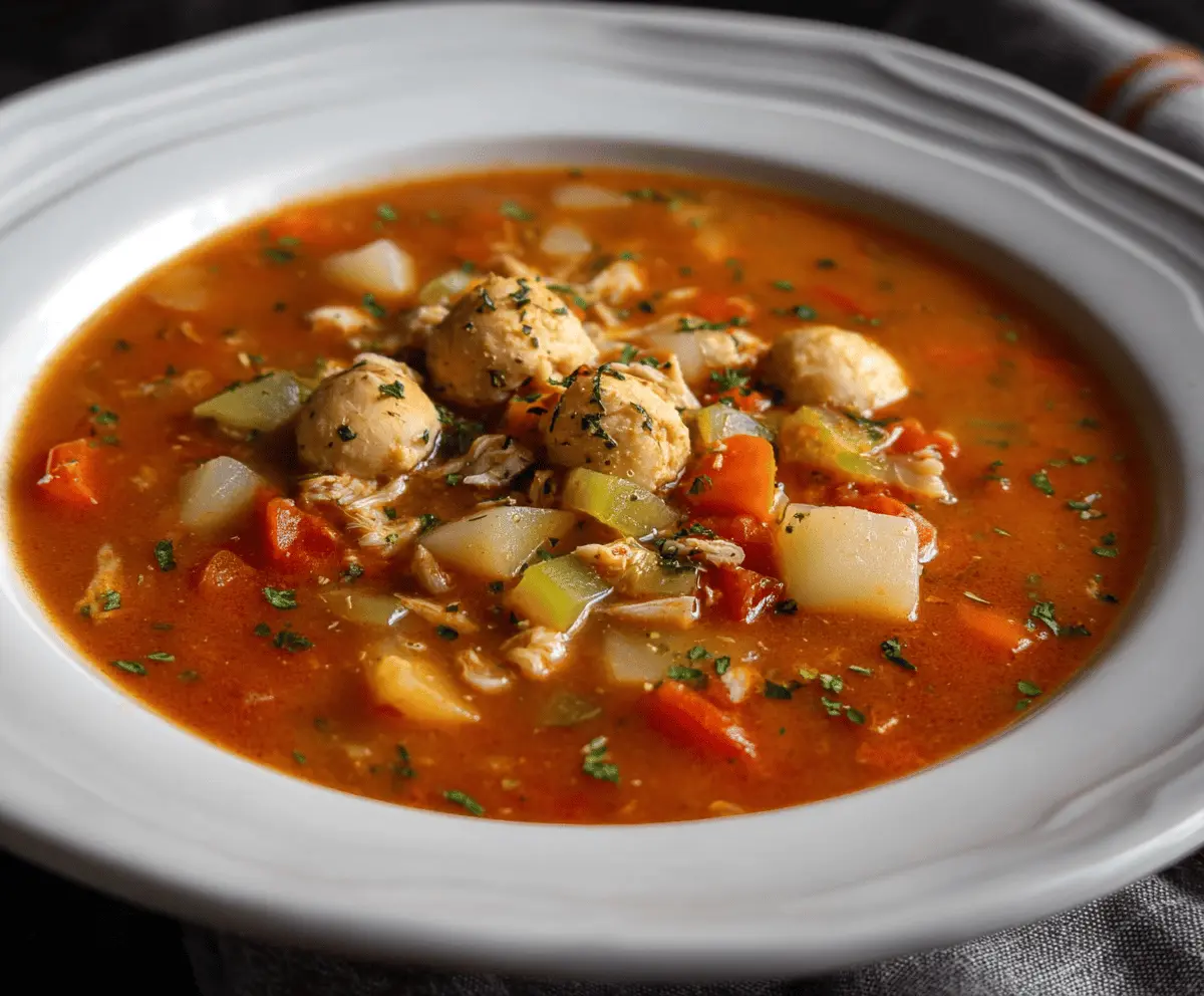 A bowl of Manhattan Clam Chowder topped with fresh herbs, featuring a vibrant red tomato-based broth filled with clams, vegetables, and seasonings.