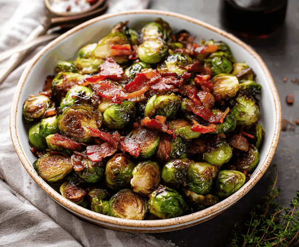 Delicious Maple Balsamic Brussels Sprouts with crispy bacon garnish on a serving plate, perfect for a flavorful side dish.