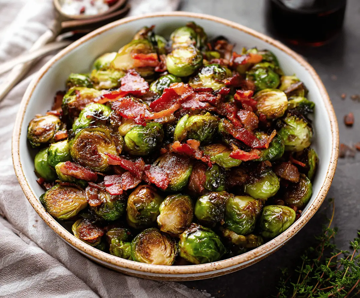Delicious Maple Balsamic Brussels Sprouts with crispy bacon garnish on a serving plate, perfect for a flavorful side dish.