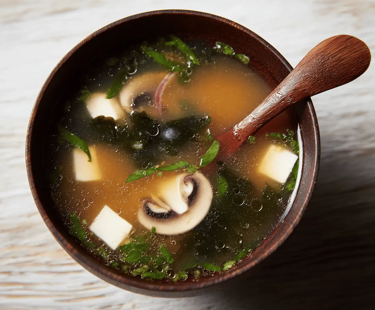 Bowl of steaming miso soup garnished with green onions and seaweed, served in a traditional Japanese dish