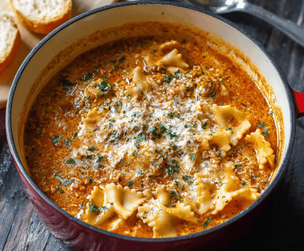 Creamy and hearty One-Pot Cheesy Lasagna Soup in a bowl with melted cheese, pasta, and fresh herbs, perfect for comforting meals