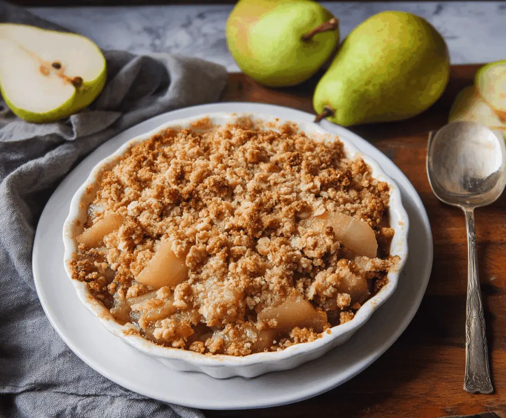 Delicious homemade Pear Crumble with golden crust and fresh pear filling, served in a rustic baking dish