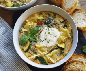 Creamy pesto lasagna soup with melted cheese, fresh basil, and tender pasta in a flavorful broth.