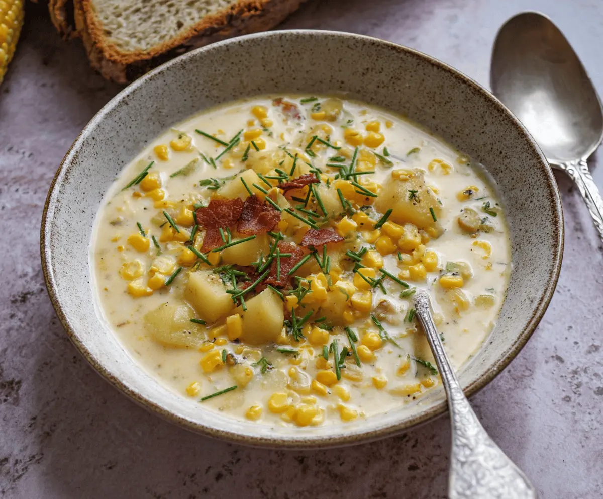 Creamy potato and corn chowder served in a bowl, topped with fresh herbs and garnished with crispy bacon pieces, perfect for a comforting meal.