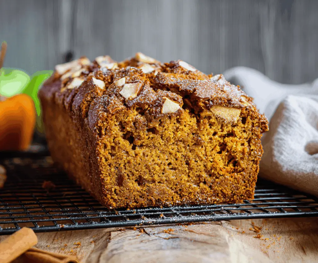 Delicious homemade pumpkin apple bread with a golden crust, sliced to reveal moist pumpkin and apple filling, perfect for fall desserts and cozy mornings