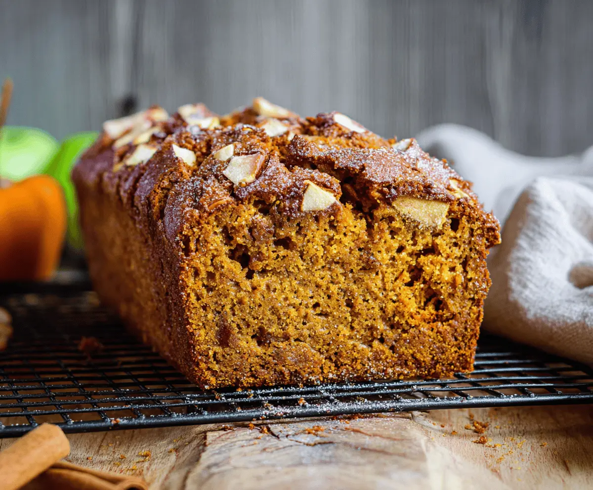 Delicious homemade pumpkin apple bread with a golden crust, sliced to reveal moist pumpkin and apple filling, perfect for fall desserts and cozy mornings