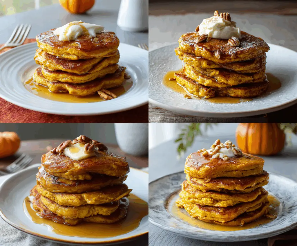 Fluffy pumpkin apple pancakes topped with cinnamon and fresh apple slices on a white plate, perfect for fall breakfast.
