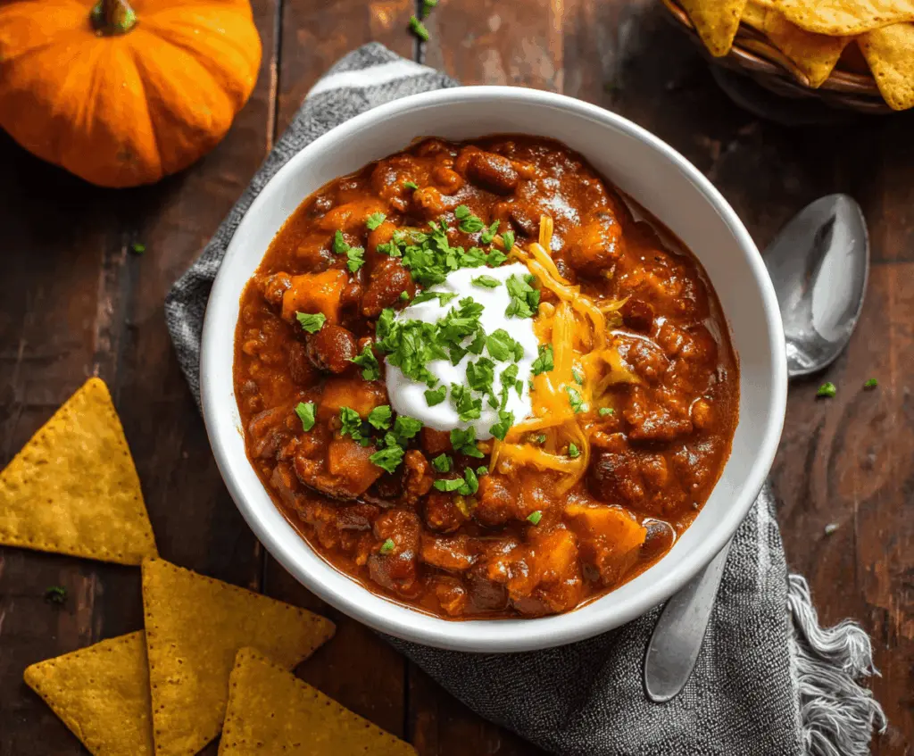 Hearty pumpkin chili served in a bowl with diced vegetables and toppings, perfect for a cozy fall meal.