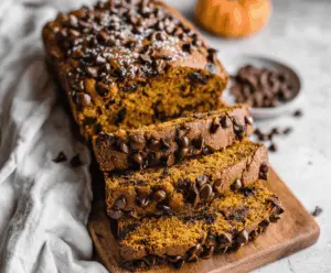 Delicious homemade pumpkin chocolate chip bread sliced and ready to serve, featuring moist texture and rich chocolate chips for a perfect fall treat