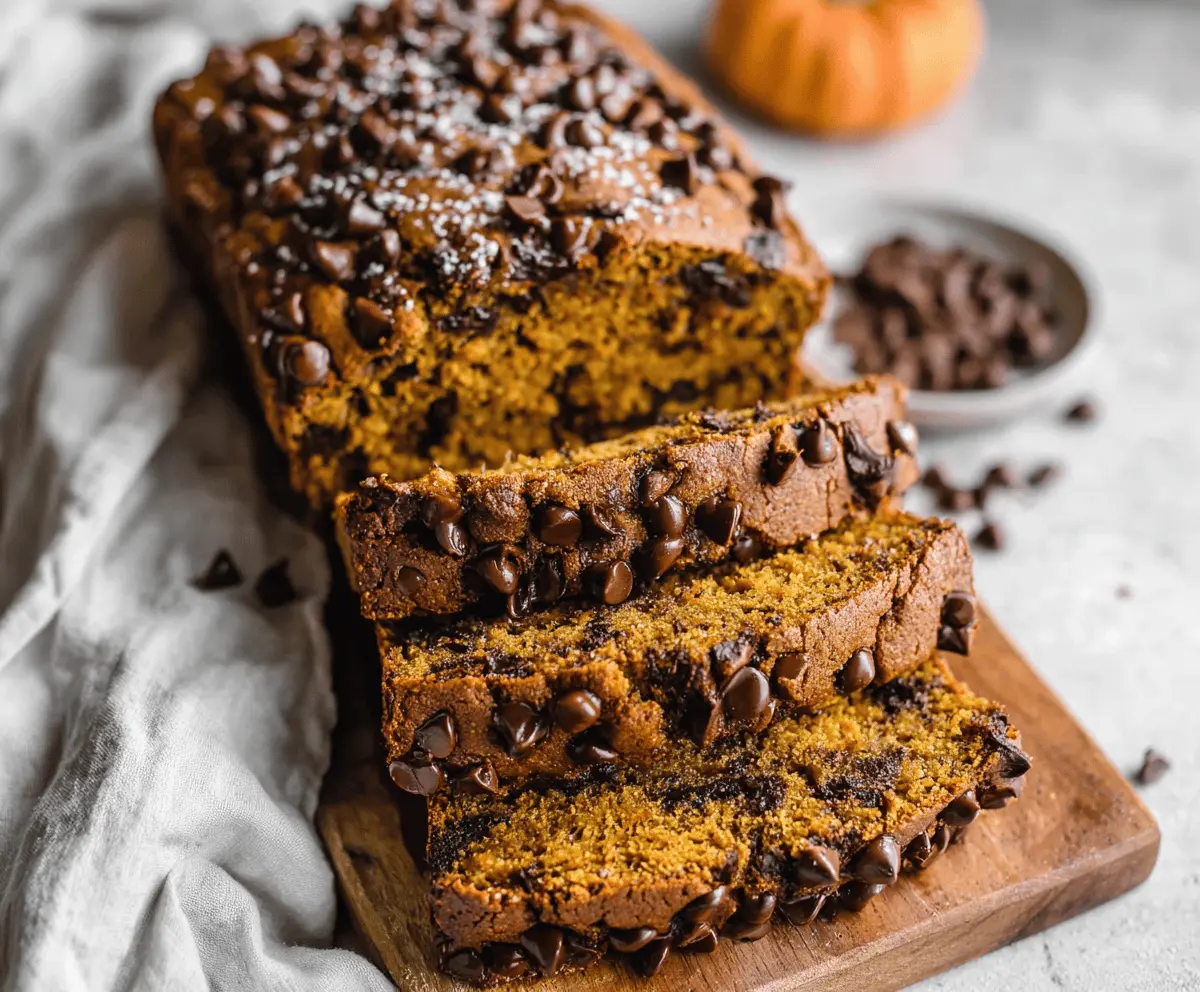 Delicious homemade pumpkin chocolate chip bread sliced and ready to serve, featuring moist texture and rich chocolate chips for a perfect fall treat