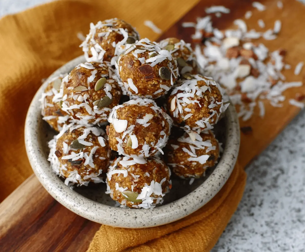 Healthy pumpkin coconut energy balls with shredded coconut and pumpkin seeds on a white plate, perfect for a nutritious snack