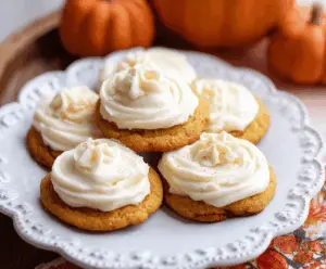 Delicious pumpkin-shaped cookies topped with creamy cream cheese frosting and festive sprinkles, perfect for fall celebrations