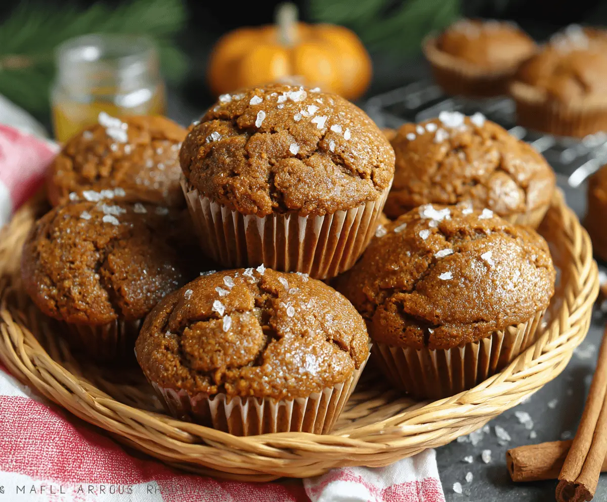 Delicious homemade pumpkin gingerbread muffins topped with a sprinkle of cinnamon, perfect for fall breakfast or snack.
