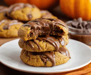 Delicious homemade pumpkin Nutella cookies on a plate with autumn decorations, perfect for fall desserts.
