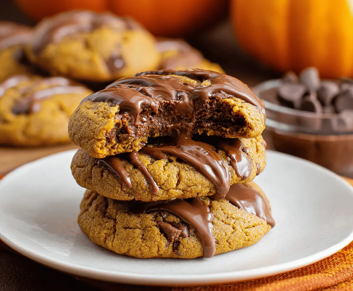 Delicious homemade pumpkin Nutella cookies on a plate with autumn decorations, perfect for fall desserts.