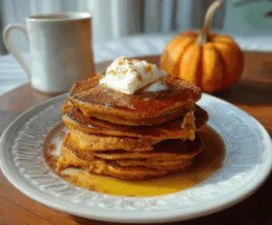 Fluffy pumpkin pie spice pancakes topped with whipped cream and cinnamon, served on a plate for a cozy fall breakfast.