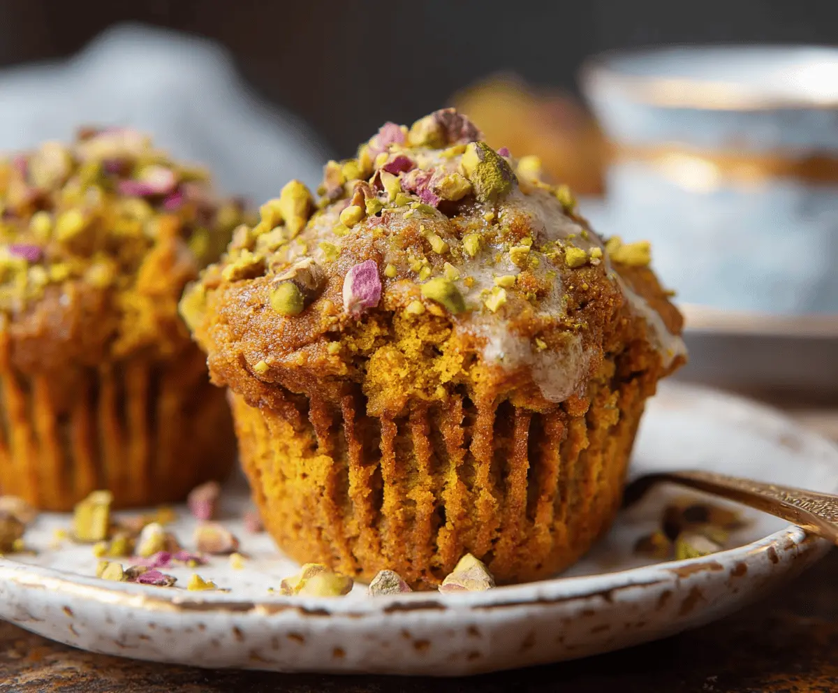 Freshly baked pumpkin pistachio muffins topped with crushed pistachios and a dusting of cinnamon on a rustic plate, perfect for fall breakfast or snack.