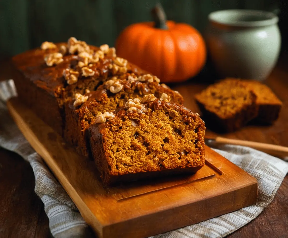 Homemade Pumpkin Walnut Bread topped with walnuts and a slice served on a wooden cutting board, perfect for fall baking.