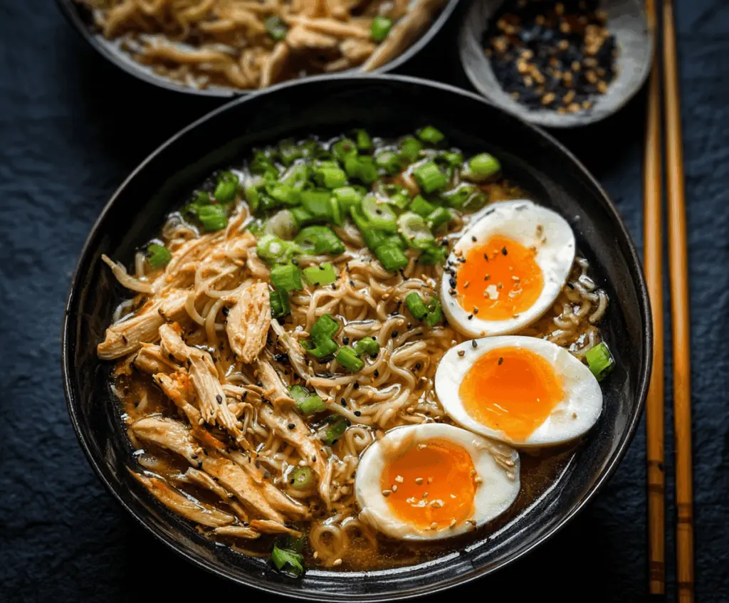 Delicious homemade ramen chicken noodle soup with tender chicken, rich broth, and colorful vegetables in a bowl