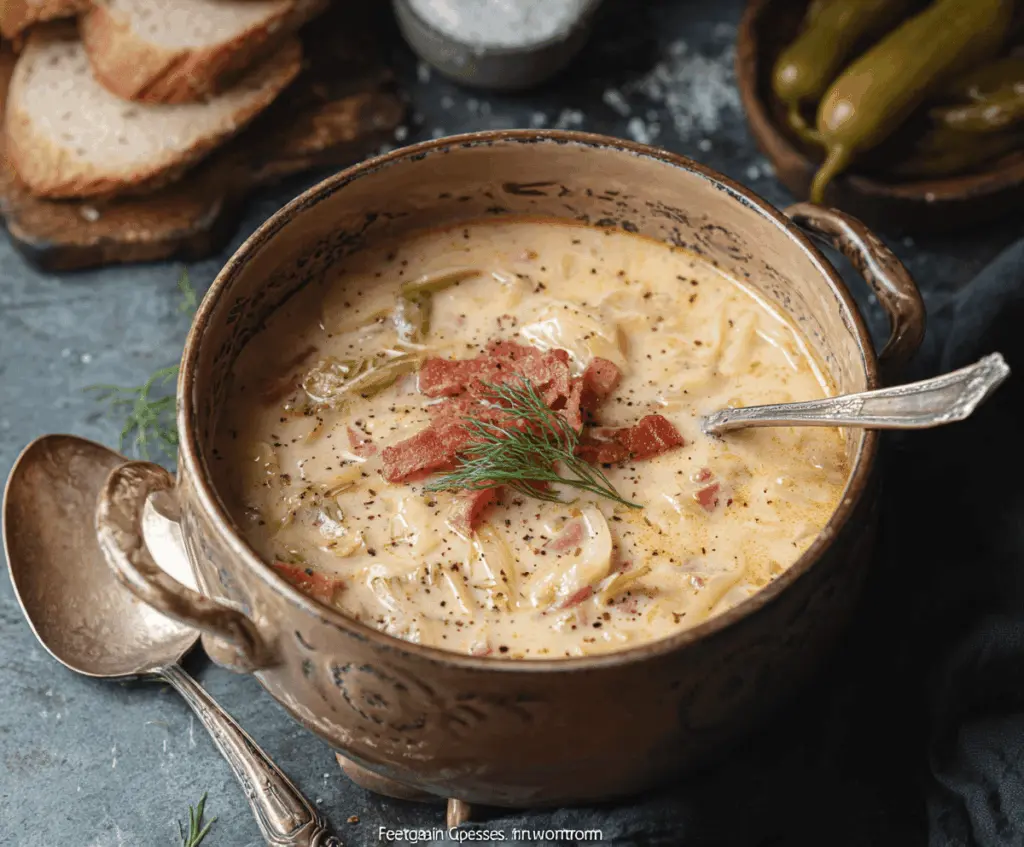 Creamy Reuben Soup featuring corned beef, sauerkraut, Swiss cheese, and rye croutons served in a bowl.