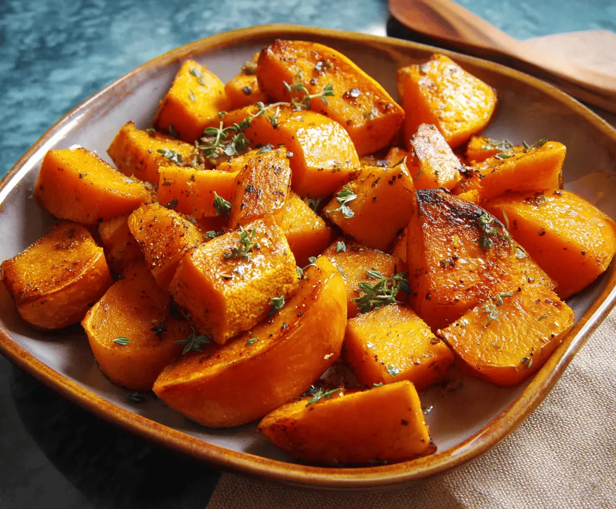Creamy roasted butternut squash slices garnished with fresh herbs, perfect for a comforting fall side dish.