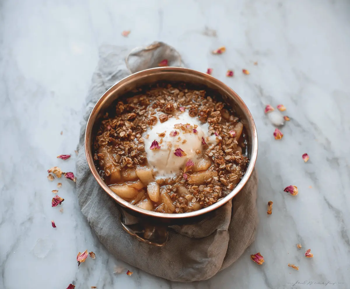 Delicious Rose Water Apple Crisp topped with golden brown crust and fresh apple slices, perfect for a fragrant and comforting dessert.