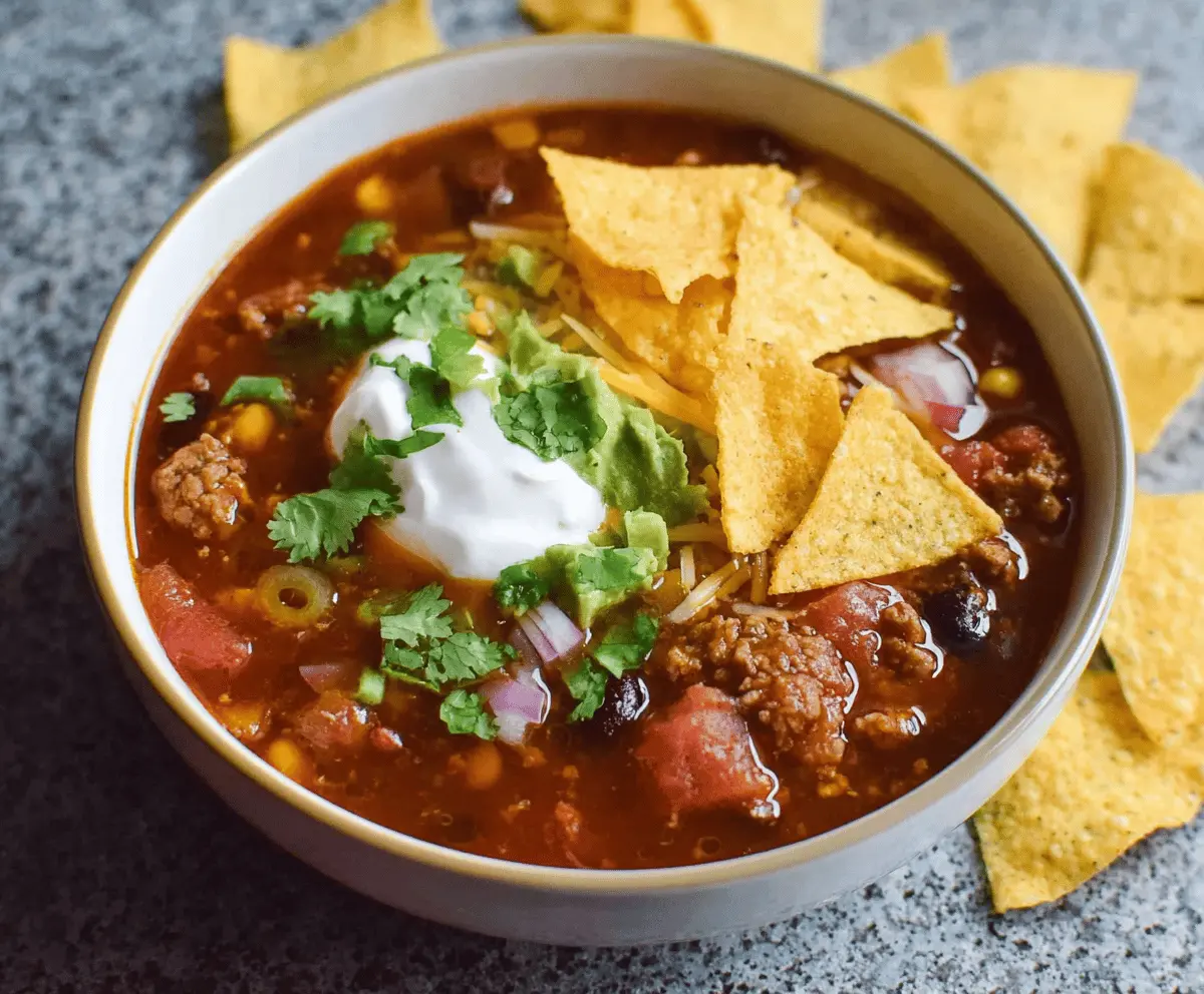 Delicious homemade Slow Cooker Taco Soup with ground beef, beans, corn, and taco spices served in a bowl